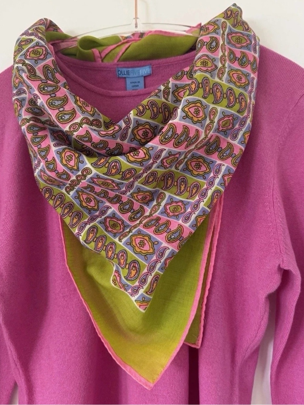 Vintage De Mura Wool Scarf Pink Lime Green Mod Paisley Japan 17.5” Square